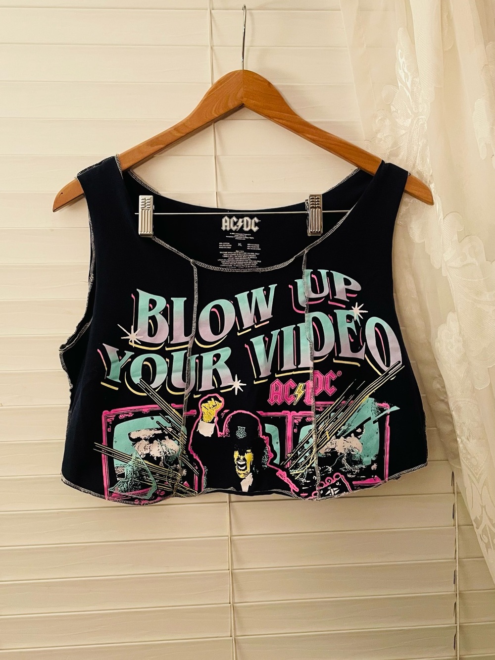 AC/DC Black Crop Tank with Pastel Graphic "Blow Up Your Video"